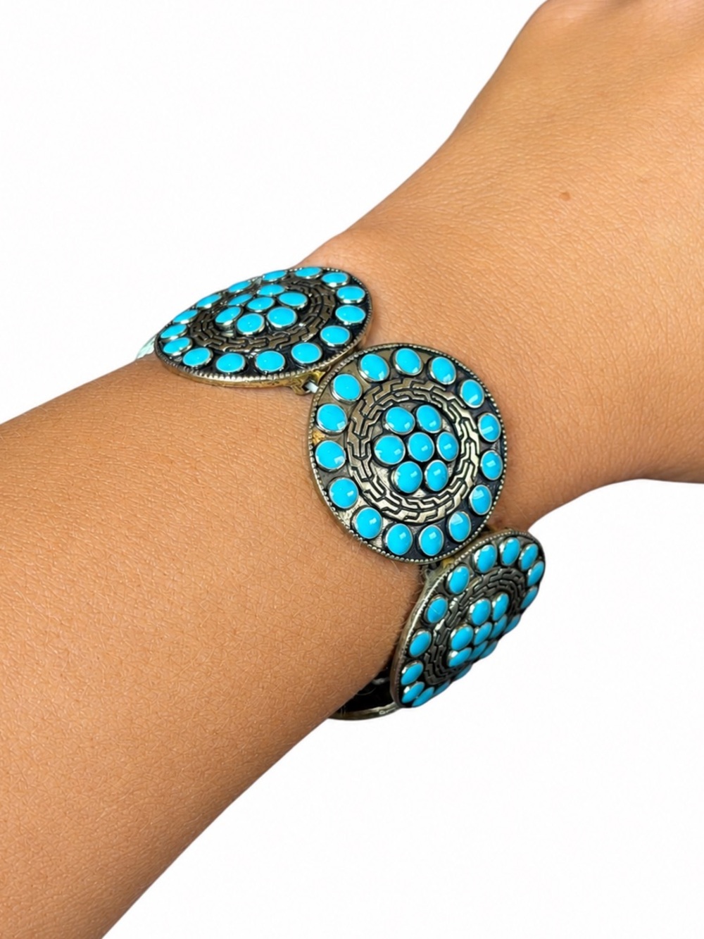 Silver-tone & Faux Turquoise Large Statement Stretch Bracelet Western Boho